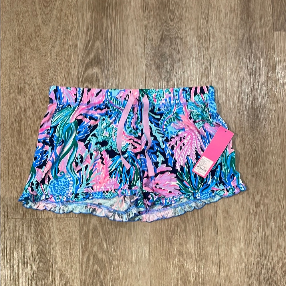 LILLY PULITZER Ruffle Knit PJ Shorts Navy Bringing Mermaid Back Size Small